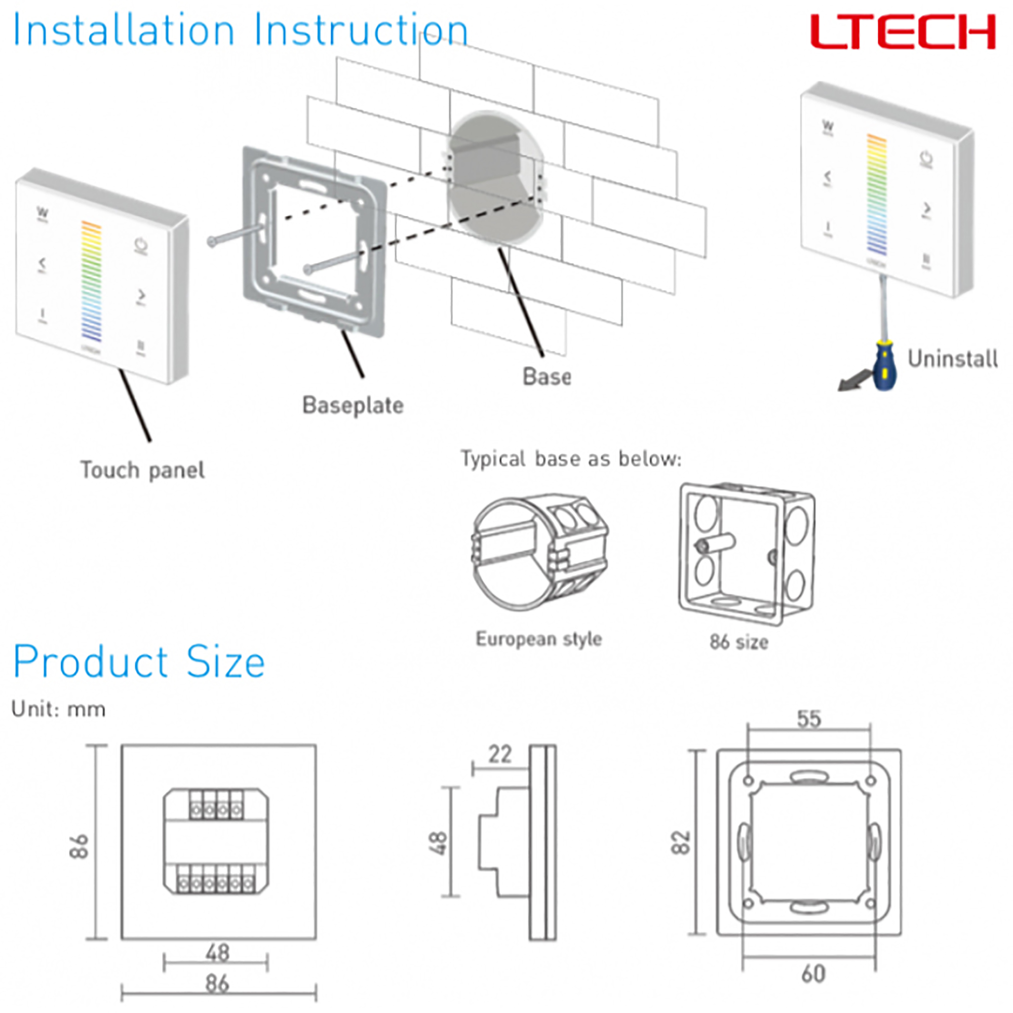 RF2.4GHz RGBW Touch Panel, PWM Power O/P, RGBW Dim, 12/24Vdc, 288W 12A, Single/Multi Zone Support. E4  LTECH Touch Panel
